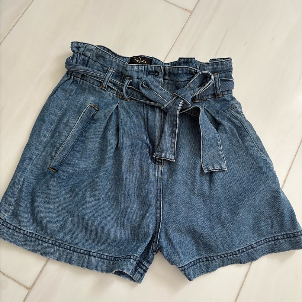 Rails High-Waist Paperbag Denim Shorts in Light Blue